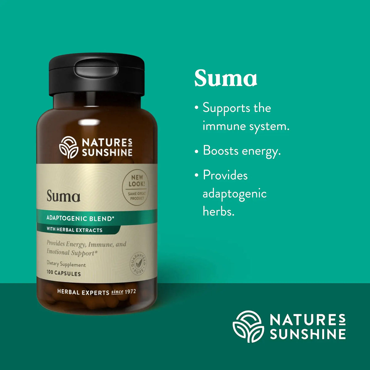 Nature's Sunshine Suma dietary supplement bottle on a teal background with product benefits text on the right.