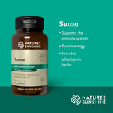 Nature's Sunshine Suma dietary supplement bottle on a teal background with product benefits text on the right.