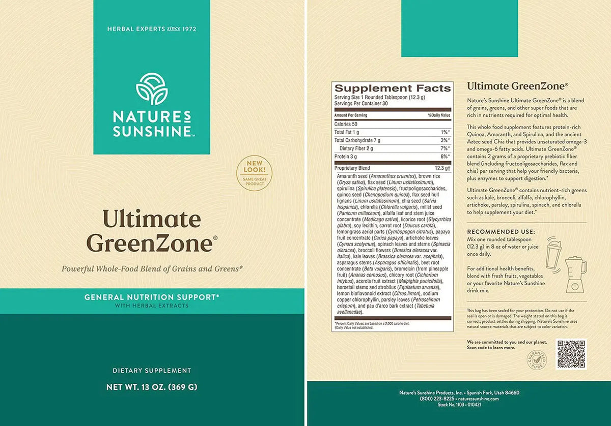 A flat lay of the front and back packaging of Nature's Sunshine Ultimate GreenZone dietary supplement. The left panel shows the beige and teal front cover with the product name and logo.