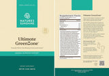 A flat lay of the front and back packaging of Nature's Sunshine Ultimate GreenZone dietary supplement. The left panel shows the beige and teal front cover with the product name and logo.
