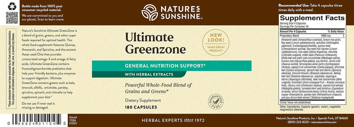 A close-up of a supplement label for Nature's Sunshine Ultimate Greenzone General Nutrition Support, showing the front and side supplement facts panel on a brown background.