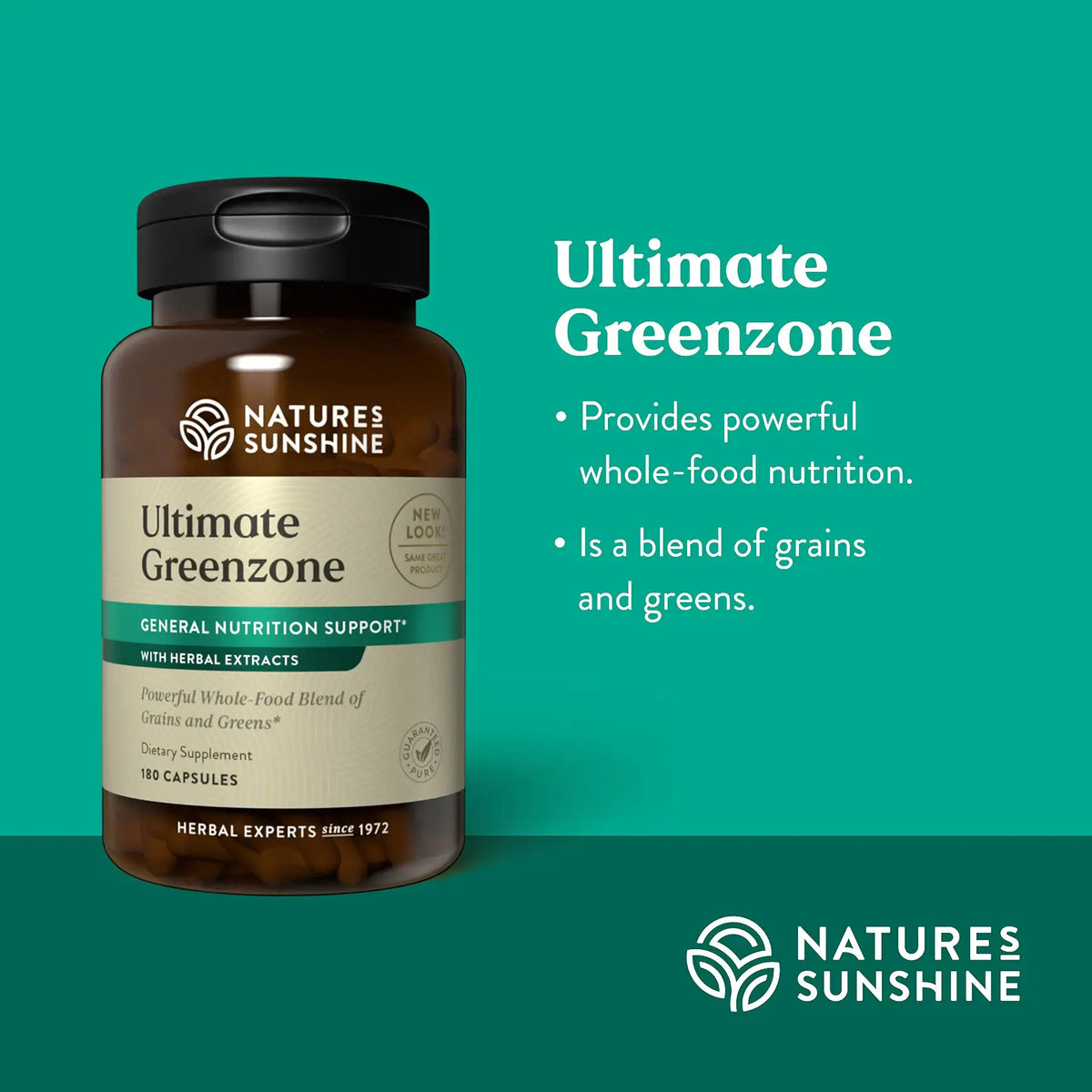 Nature's Sunshine Ultimate Greenzone herbal supplement bottle on a teal background with product text and the Nature's Sunshine logo.