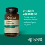 Nature's Sunshine Ultimate Greenzone herbal supplement bottle on a teal background with product text and the Nature's Sunshine logo.