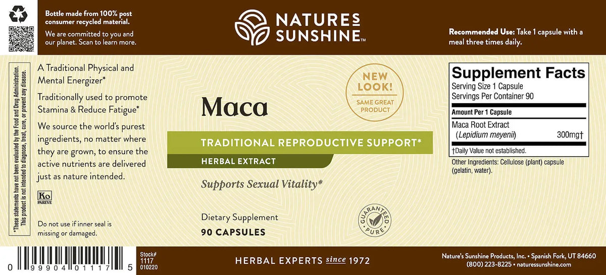 Front and back label of a Nature's Sunshine Maca Herbal Extract dietary supplement, showing 90 capsules, with a beige and white design and green accents.