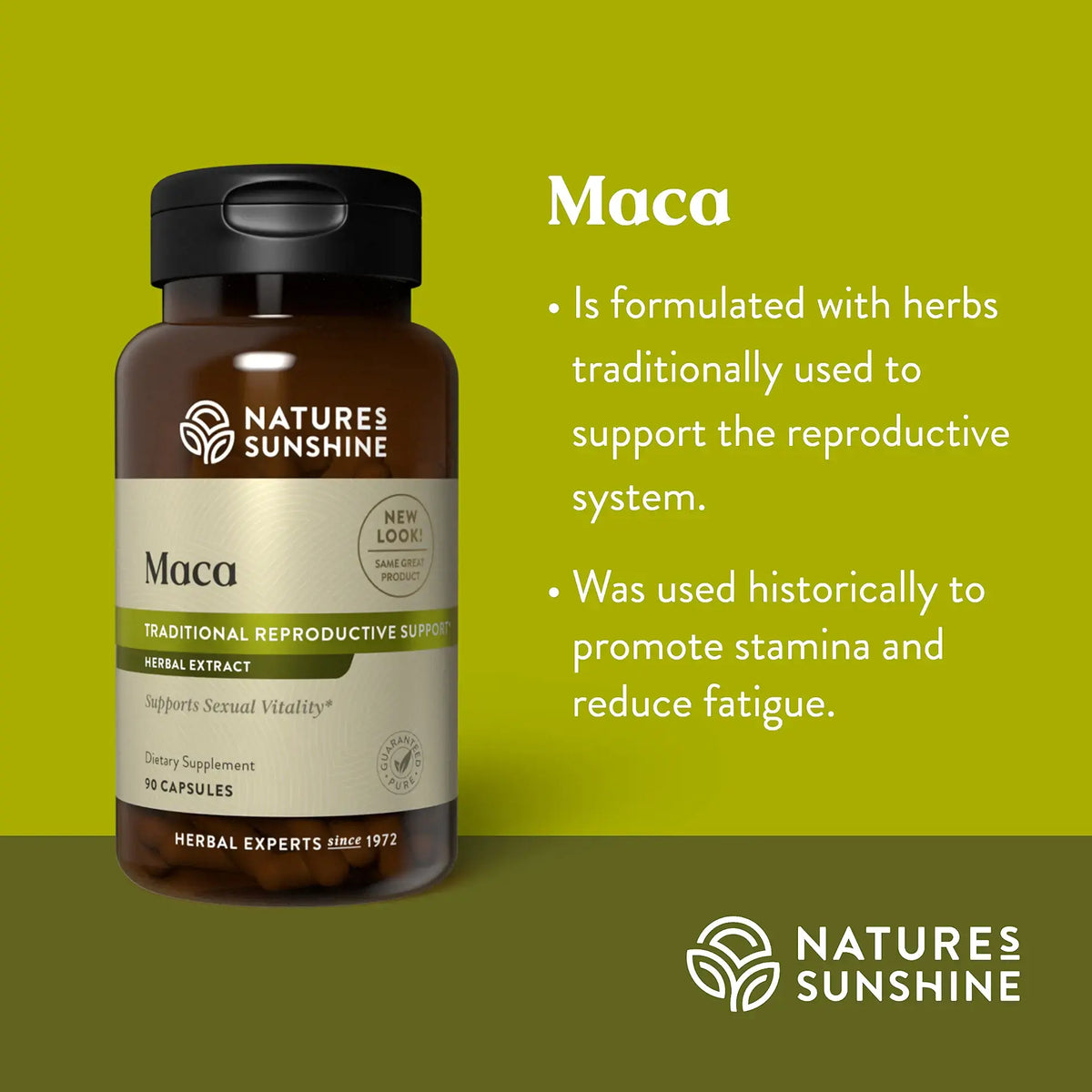 Nature's Sunshine Maca herbal supplement bottle on a green background with descriptive text about its reproductive support benefits.