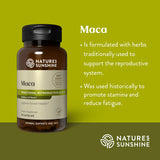 Nature's Sunshine Maca herbal supplement bottle on a green background with descriptive text about its reproductive support benefits.