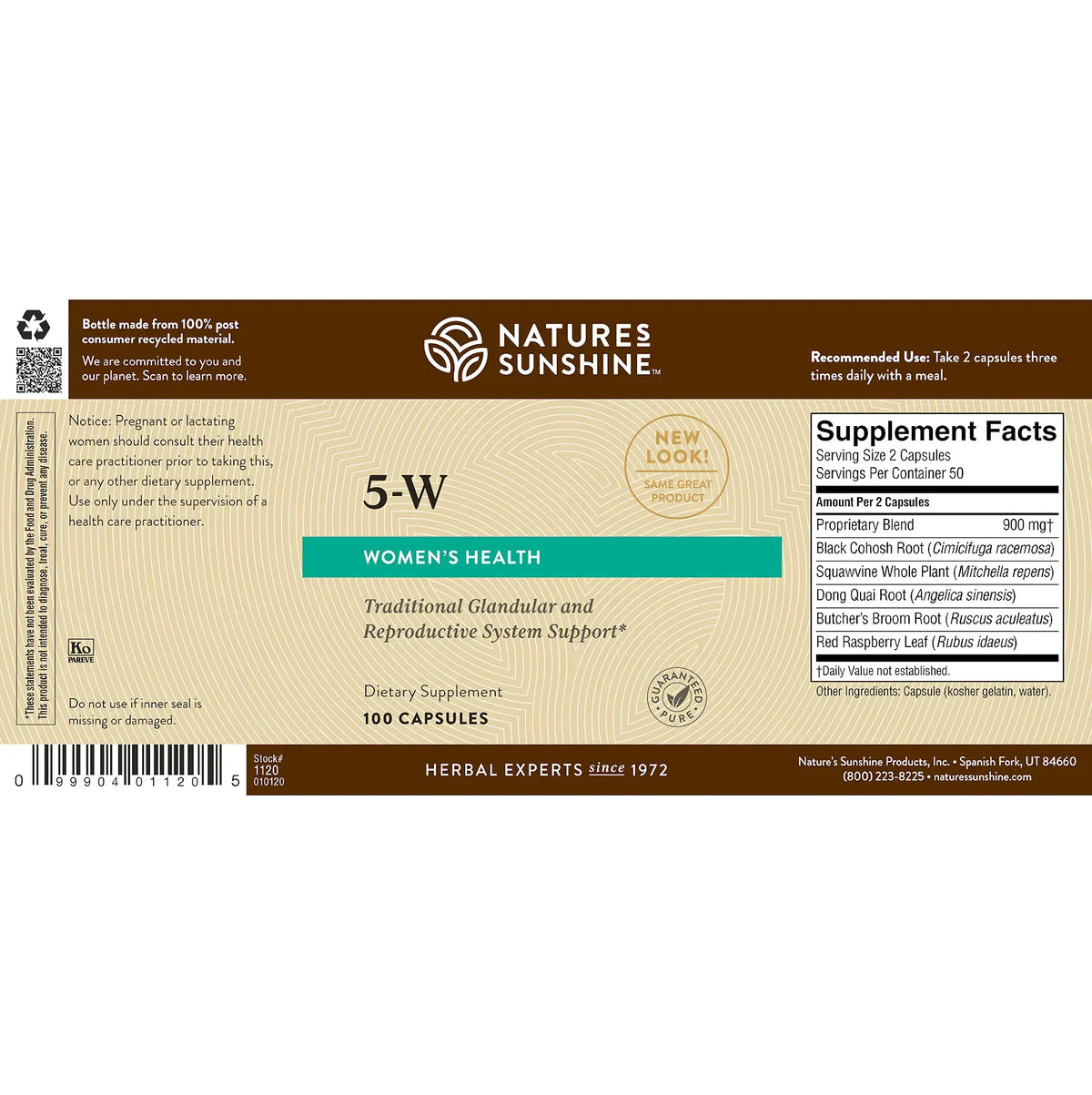 Natures Sunshine 5-W Women's Health dietary supplement bottle label, showing the back of the bottle with product details, ingredients, and a barcode on a white background.