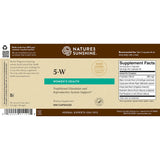 Natures Sunshine 5-W Women's Health dietary supplement bottle label, showing the back of the bottle with product details, ingredients, and a barcode on a white background.