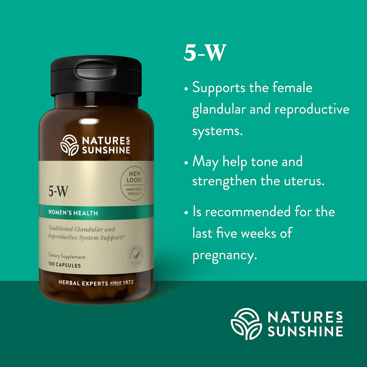 Nature's Sunshine 5-W Women's Health herbal supplement bottle on a teal background with bullet points describing benefits for the female reproductive system.