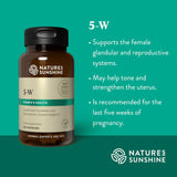 Nature's Sunshine 5-W Women's Health herbal supplement bottle on a teal background with bullet points describing benefits for the female reproductive system.