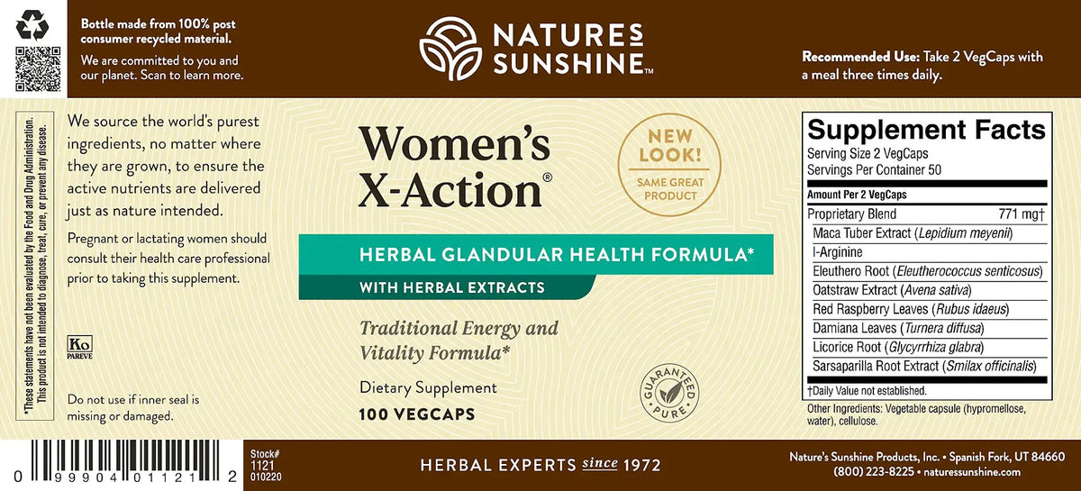 Front and back label of Nature's Sunshine Women's X-Action herbal supplement, showing product name, serving size, supplement facts, and barcode on a beige background with green and red accents.