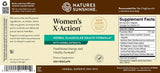 Front and back label of Nature's Sunshine Women's X-Action herbal supplement, showing product name, serving size, supplement facts, and barcode on a beige background with green and red accents.