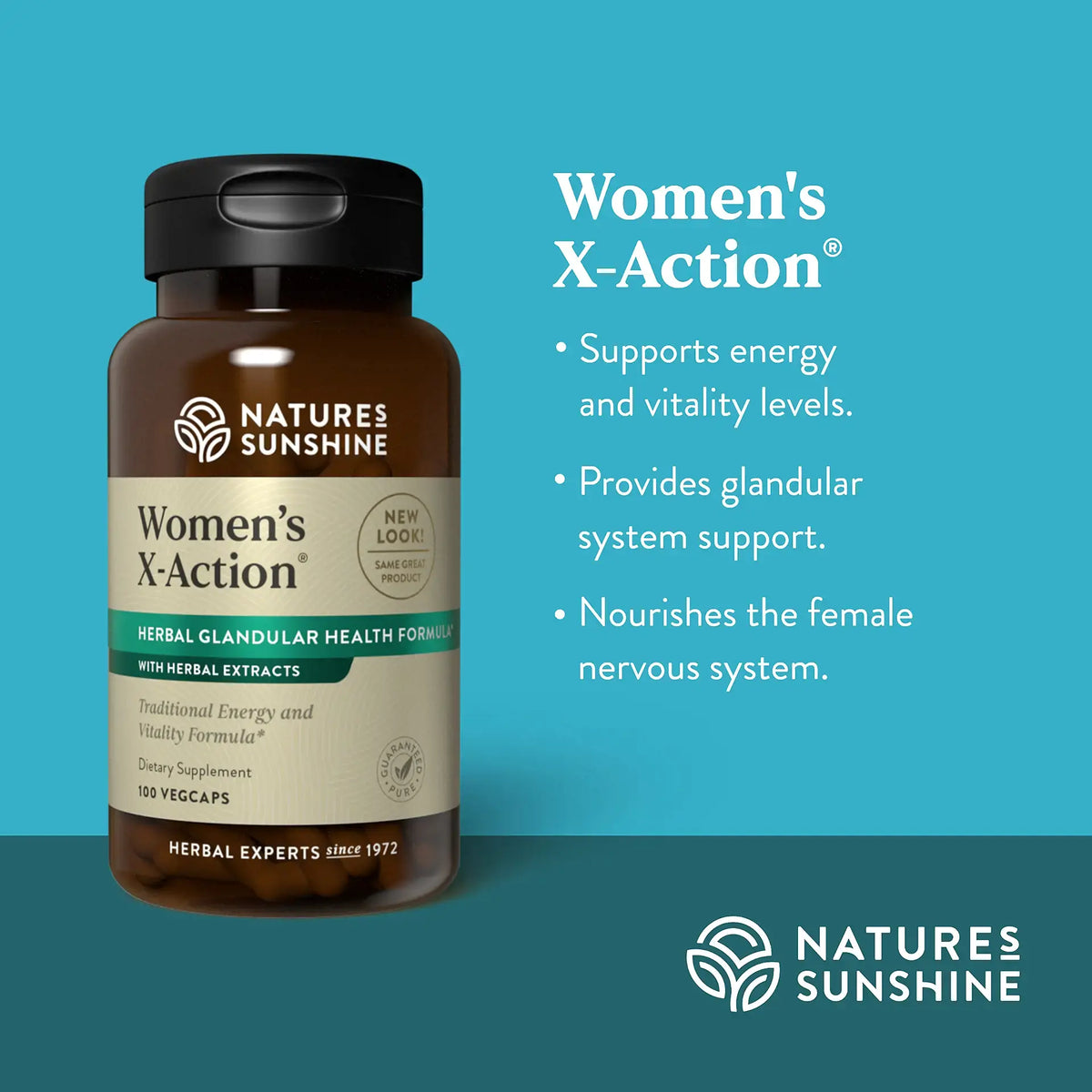 Natures Sunshine Women's X-Action herbal supplement bottle on a teal background with product benefits text on the right.
