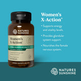 Natures Sunshine Women's X-Action herbal supplement bottle on a teal background with product benefits text on the right.