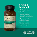 Natures Sunshine Men's X-Action Reloaded dietary supplement bottle on a teal background with product benefits text on the right.