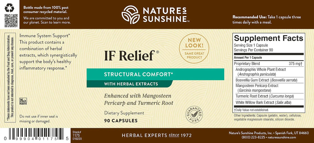 Natures Sunshine IF Relief herbal supplement bottle label showing Supplement Facts, ingredients, and barcode on a beige background with teal and black text.