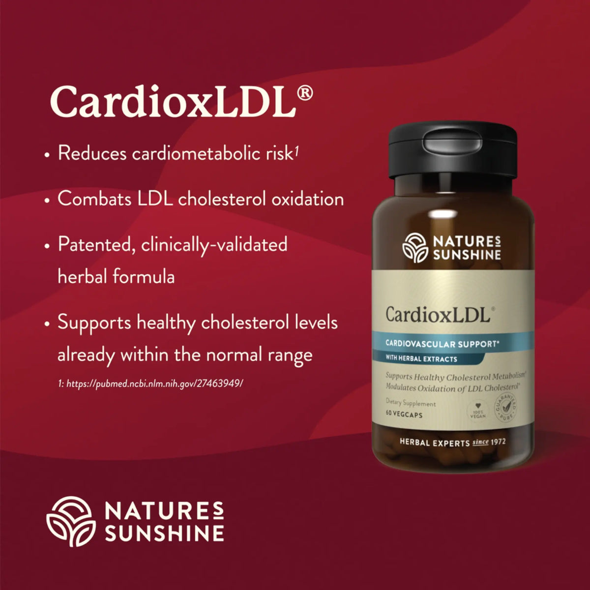 Nature's Sunshine CardioxLDL dietary supplement bottle on a dark red background with product benefits listed on the left.