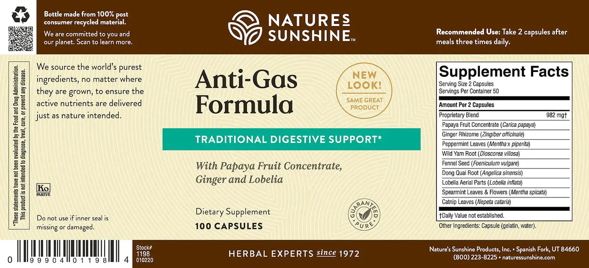Natures Sunshine Anti-Gas Formula herbal supplement label showing product details, ingredients, and a supplement facts panel on a brown and beige background.