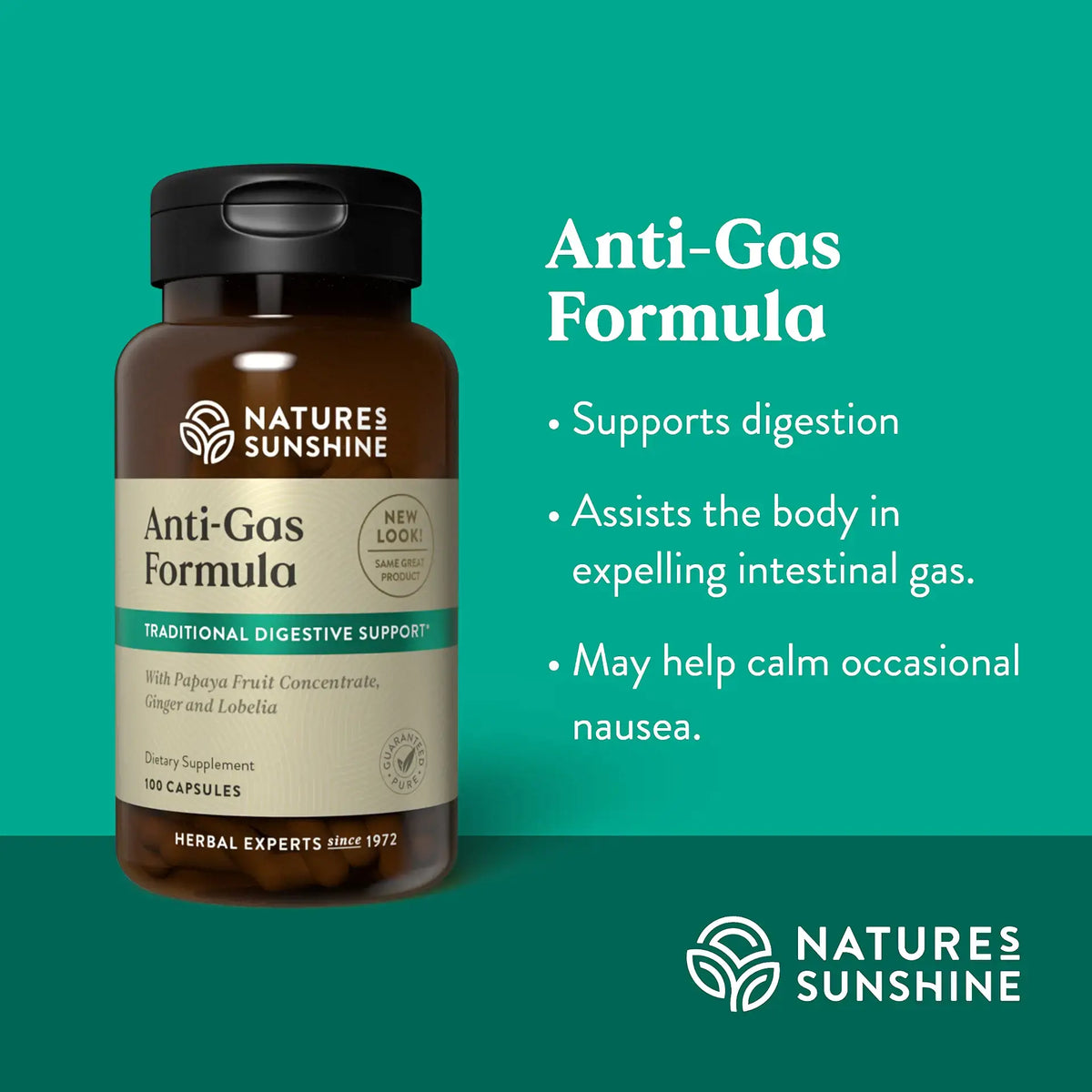 Nature's Sunshine Anti-Gas Formula dietary supplement bottle on a teal background with marketing text describing digestive support and gas relief benefits.