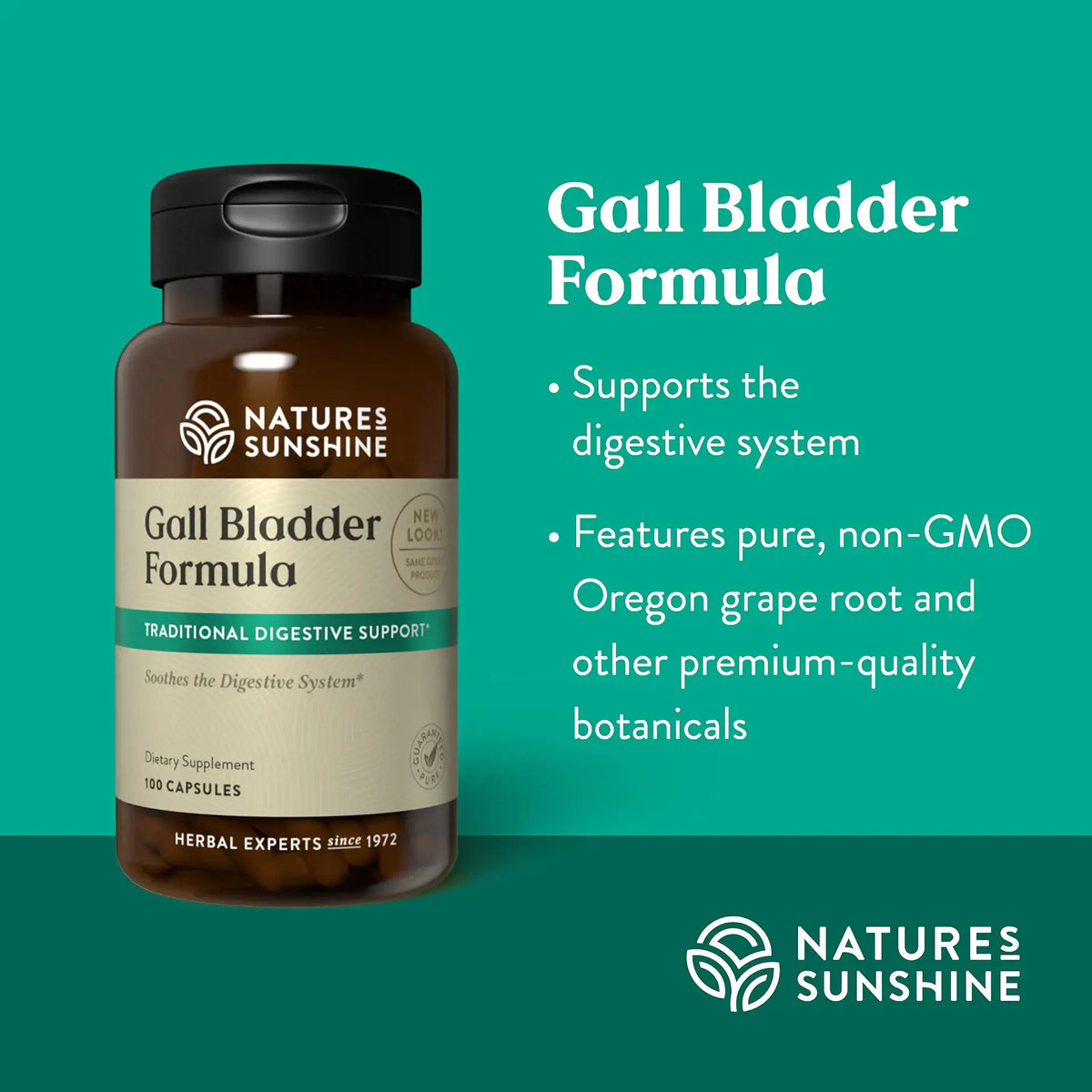 Natures Sunshine Gall Bladder Formula herbal supplement bottle shown on a teal background with product text and bullet points on the right.