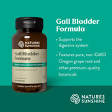 Natures Sunshine Gall Bladder Formula herbal supplement bottle shown on a teal background with product text and bullet points on the right.