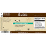 The back of a Natures Sunshine GC-X Digestive Health Formula supplement box, showing the supplement facts panel, ingredients list, and barcode on a beige and brown background.
