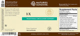 Front and back label of Nature's Sunshine I-X Traditional Circulatory Support herbal supplement capsules, showing product details, ingredients, and supplement facts.