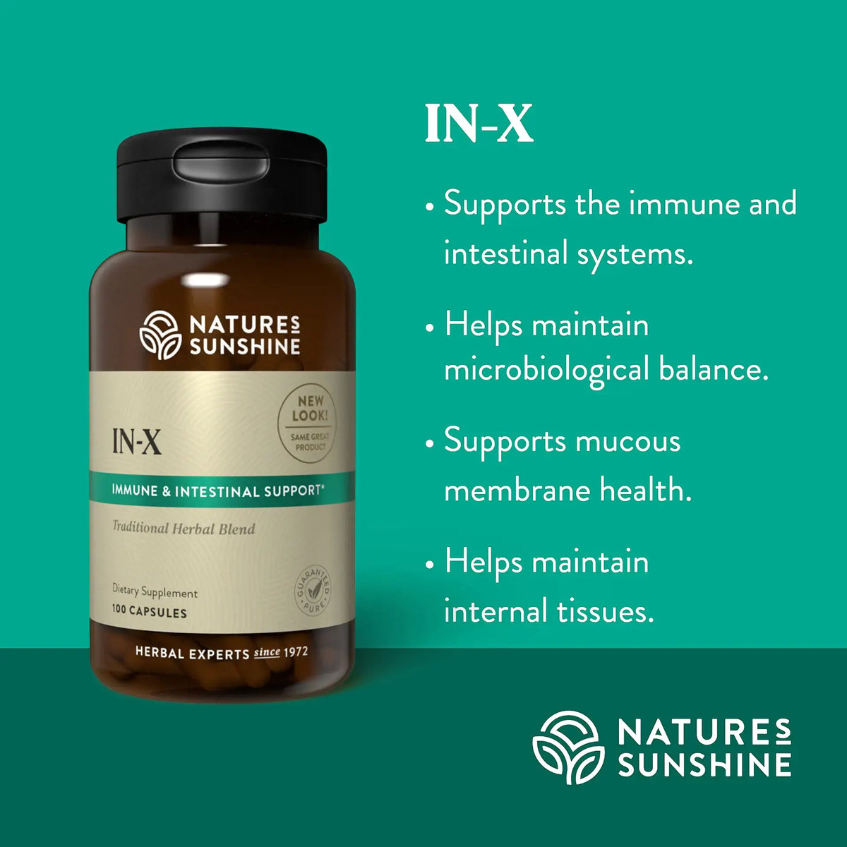 Nature's Sunshine IN-X herbal supplement bottle on a teal background with product benefits listed in white text on the right.