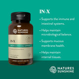 Nature's Sunshine IN-X herbal supplement bottle on a teal background with product benefits listed in white text on the right.