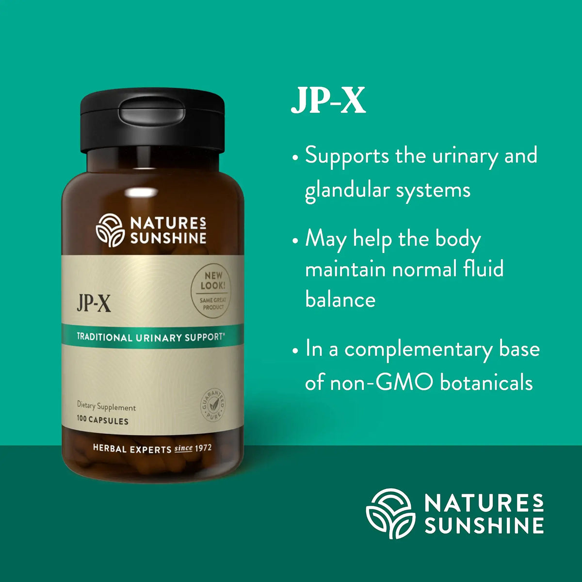 Nature's Sunshine JP-X Traditional Urinary Support dietary supplement bottle on a teal background with product benefits listed on the right.