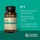 Nature's Sunshine JP-X Traditional Urinary Support dietary supplement bottle on a teal background with product benefits listed on the right.
