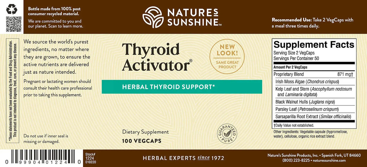 Natures Sunshine Thyroid Activator supplement label on a brown background