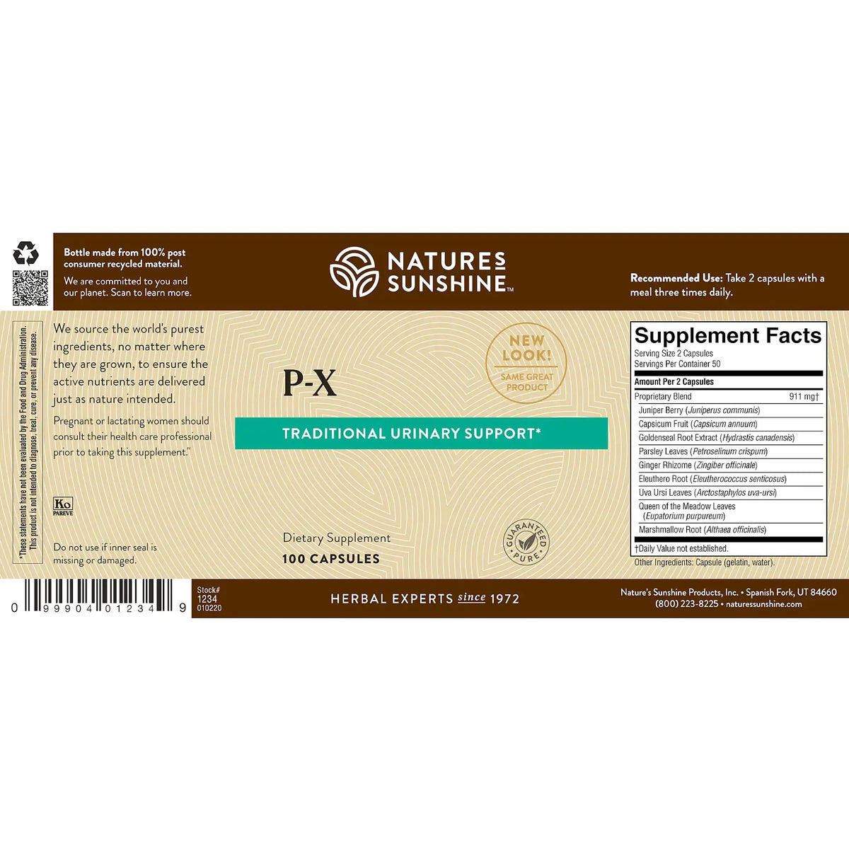 Natures Sunshine P-X Traditional Urinary Support dietary supplement bottle label showing 100 capsules, with product details, ingredients, and supplement facts on a beige and brown background.