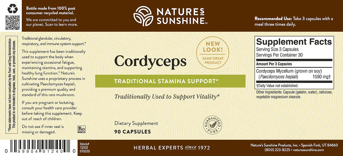The back of a Nature's Sunshine Cordyceps dietary supplement box, showing supplement facts, ingredients, and usage information on a beige and brown label.