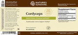 The back of a Nature's Sunshine Cordyceps dietary supplement box, showing supplement facts, ingredients, and usage information on a beige and brown label.
