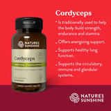 A bottle of Nature's Sunshine Cordyceps herbal supplement on a red-to-magenta gradient background, with white text describing traditional benefits of Cordyceps.