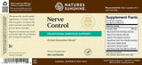 Front and back views of a Natures Sunshine Nerve Control herbal supplement box, showing the brown and beige label design with supplement facts and barcode.