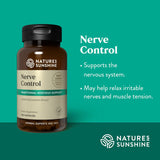 Nature's Sunshine Nerve Control herbal supplement bottle on a teal background with product text and benefits listed on the right.