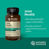 Nature's Sunshine Joint Health dietary supplement bottle on a teal background with promotional text about joint health support.