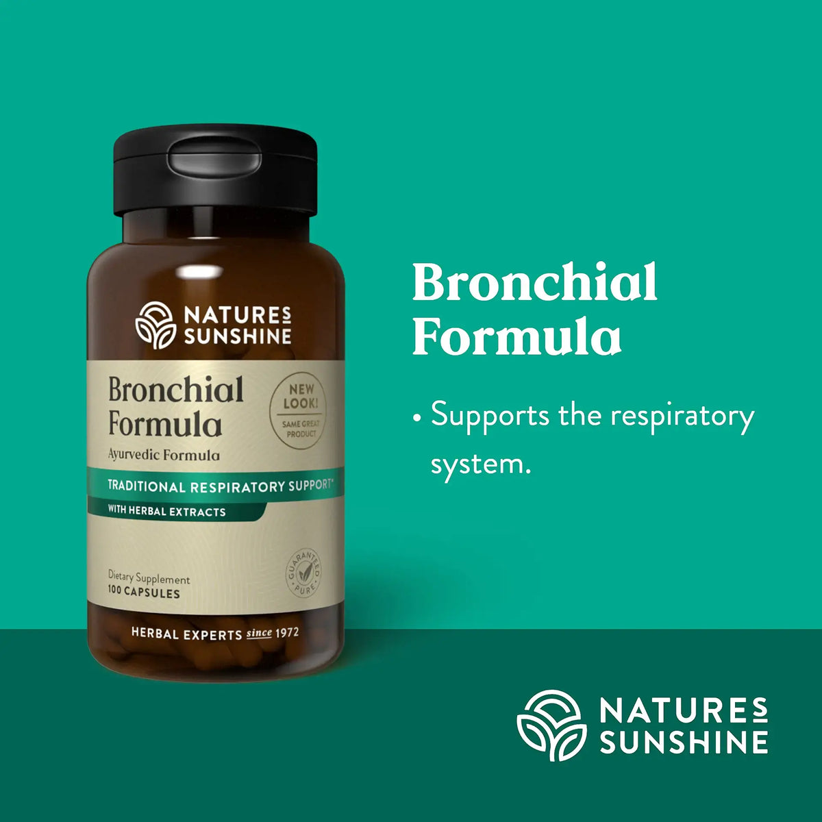 Natures Sunshine Bronchial Formula herbal supplement bottle on a teal background with white text reading 'Bronchial Formula' and supporting copy.