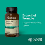Natures Sunshine Bronchial Formula herbal supplement bottle on a teal background with white text reading 'Bronchial Formula' and supporting copy.