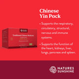 A promotional graphic for a Nature's Sunshine Chinese Yin Pack, showing a red product box on a bright red background with white text detailing the benefits of traditional Chinese medicine for respiratory, circulatory, nervous, and immune systems.