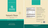 A flat lay of a Nature's Three dietary supplement package showing both the front and back of the box. The packaging features a warm beige background with teal accents, displaying the brand logo, product name, and a placeholder Supplement Facts panel.