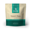 Nature's Sunshine Nature's Three dietary supplement pouch, 12 oz. The stand-up pouch is beige with a teal top and bottom band, featuring the brand logo and product name in brown text.