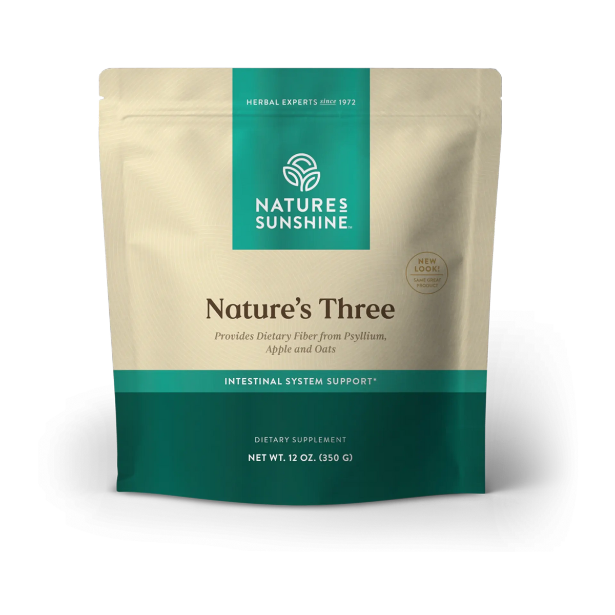 Nature's Sunshine Nature's Three dietary supplement pouch, 12 oz. The stand-up pouch is beige with a teal top and bottom band, featuring the brand logo and product name in brown text.