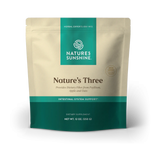 Nature's Sunshine Nature's Three dietary supplement pouch, 12 oz. The stand-up pouch is beige with a teal top and bottom band, featuring the brand logo and product name in brown text.
