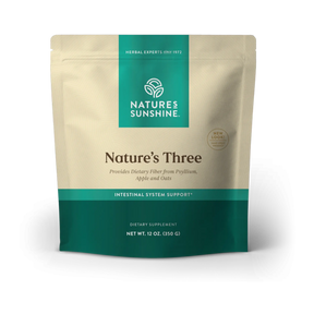 Nature's Sunshine Nature's Three dietary supplement pouch, 12 oz. The stand-up pouch is beige with a teal top and bottom band, featuring the brand logo and product name in brown text.