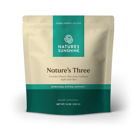 Nature's Sunshine Nature's Three dietary supplement pouch, 12 oz. The stand-up pouch is beige with a teal top and bottom band, featuring the brand logo and product name in brown text.