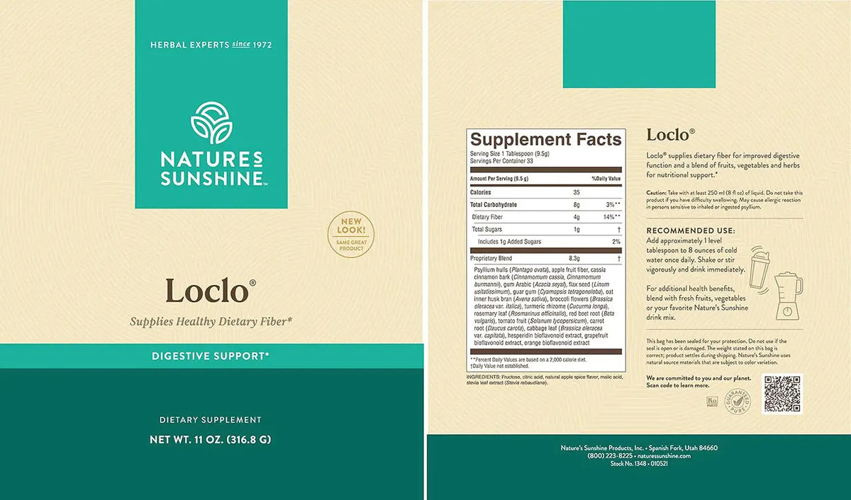 Nature's Sunshine Loclo dietary supplement package with label and supplement facts.