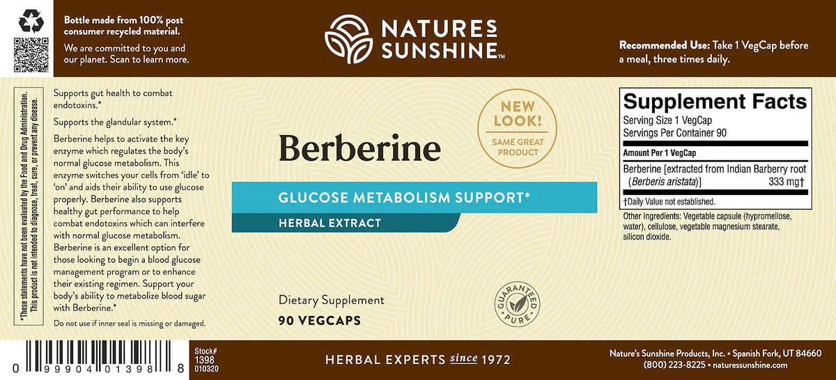 Front and back label of Nature's Sunshine Berberine dietary supplement, showing product details, ingredients, and supplement facts on a white background.